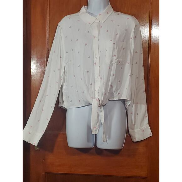 Anthropologie Rails M White Button Down Long Sleeve Pink Hearts Waist Tie Shirt - Picture 2 of 15